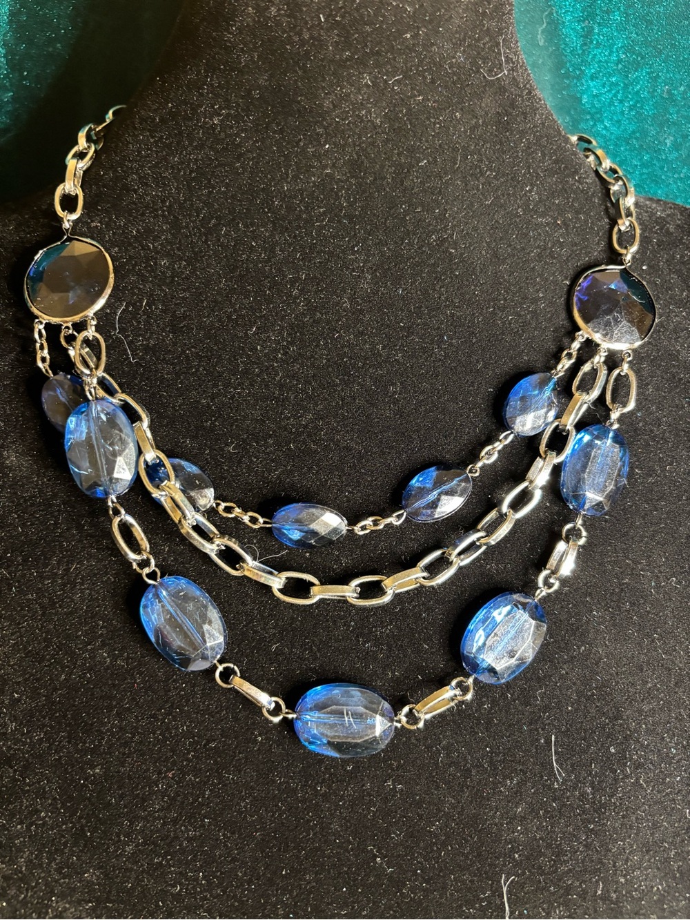 Blue Multi-Strand Glass Bead Necklace with Silver tone Chain Links